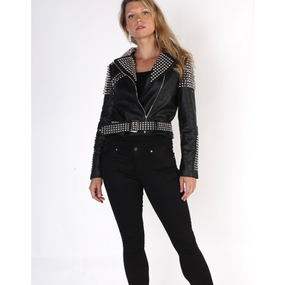 Geniuine Leather Studded Detail Moto Jacket Size XL